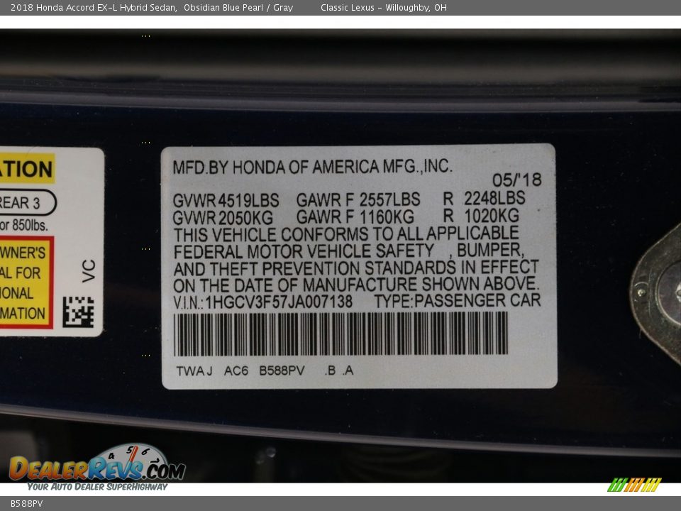 Honda Color Code B588PV Obsidian Blue Pearl