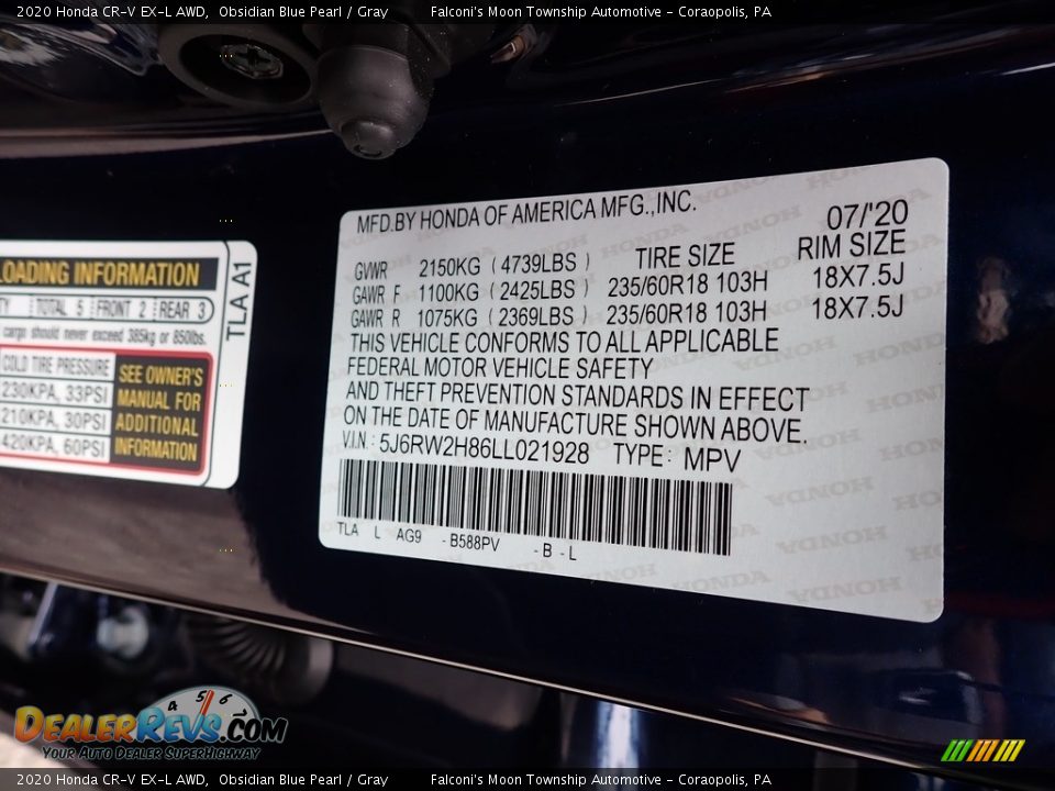 2020 Honda CR-V EX-L AWD Obsidian Blue Pearl / Gray Photo #12