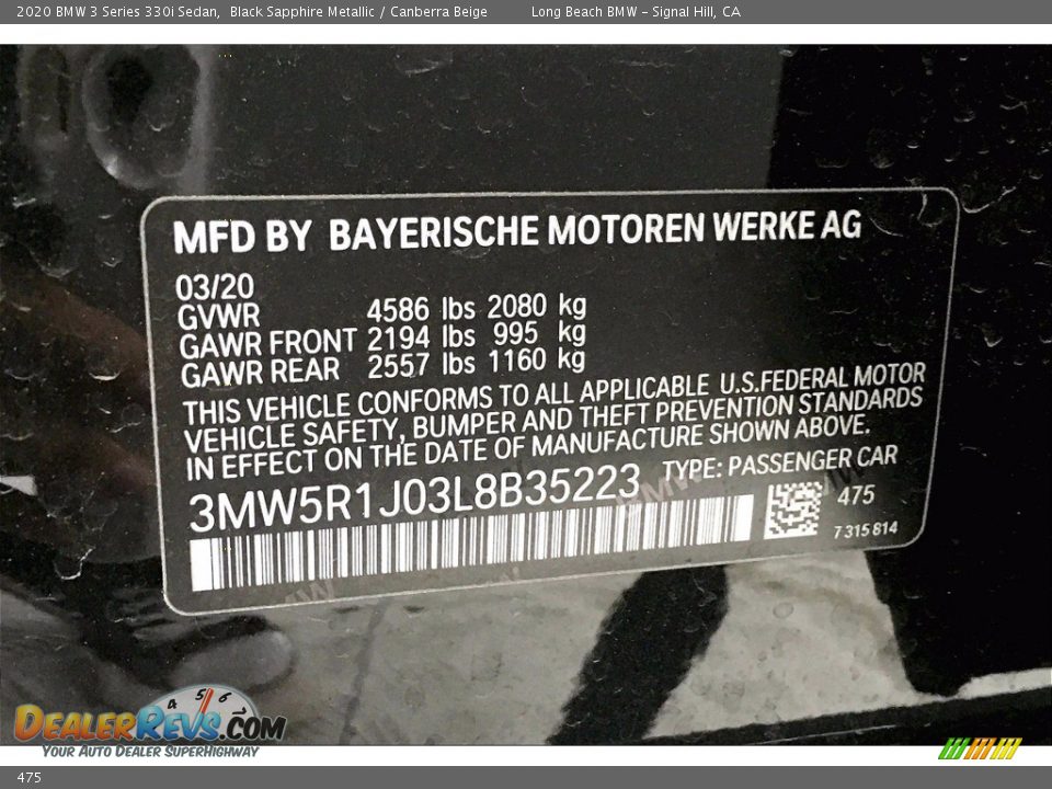 BMW Color Code 475 Black Sapphire Metallic