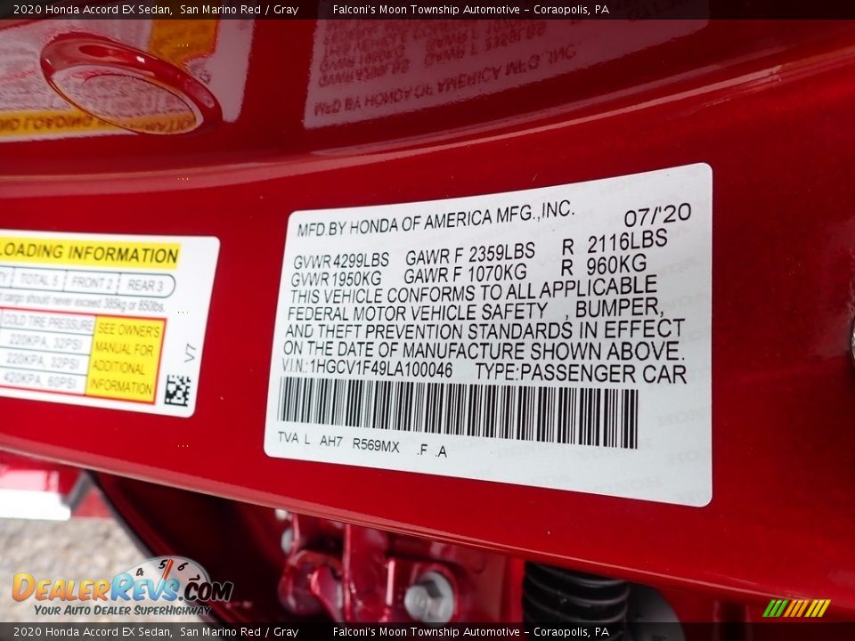 2020 Honda Accord EX Sedan San Marino Red / Gray Photo #12