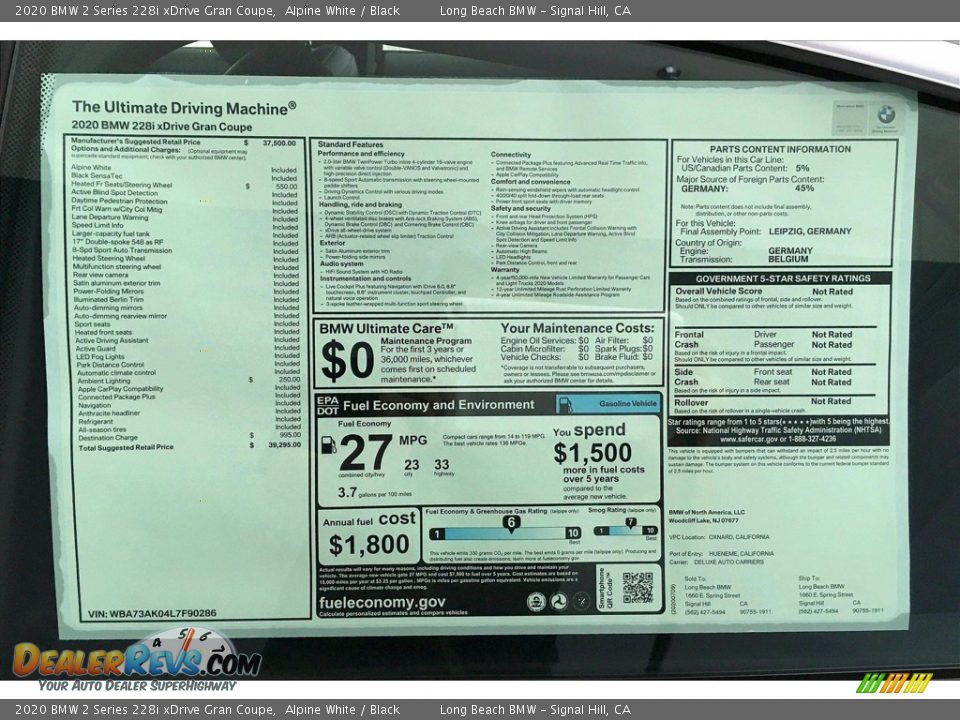 2020 BMW 2 Series 228i xDrive Gran Coupe Window Sticker Photo #17