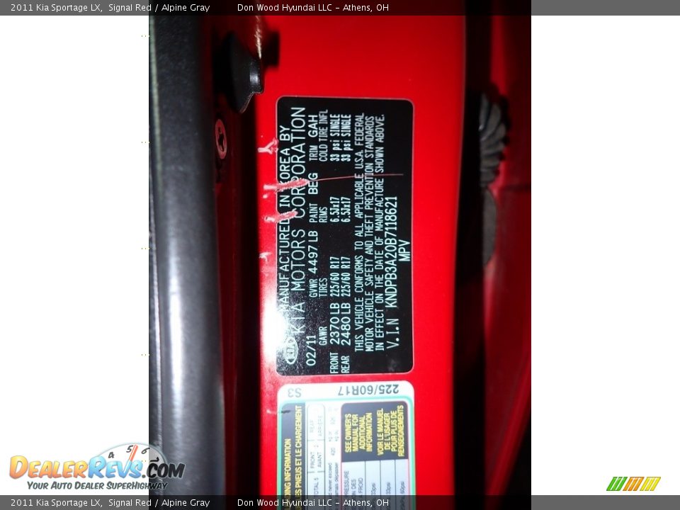 2011 Kia Sportage LX Signal Red / Alpine Gray Photo #33
