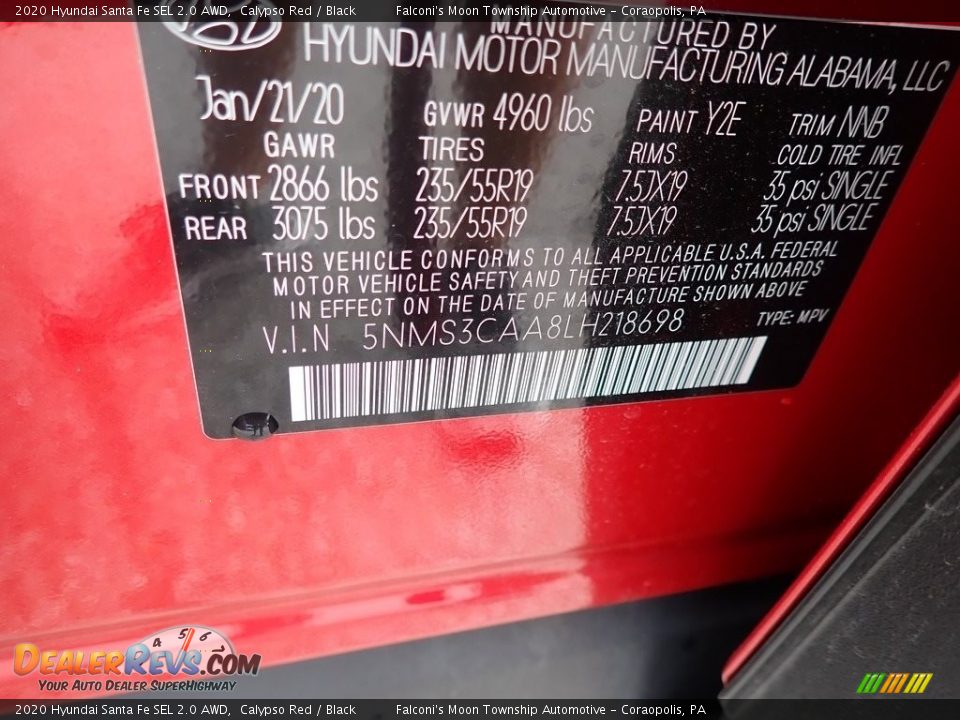 2020 Hyundai Santa Fe SEL 2.0 AWD Calypso Red / Black Photo #12