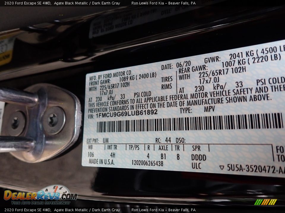 2020 Ford Escape SE 4WD Agate Black Metallic / Dark Earth Gray Photo #14