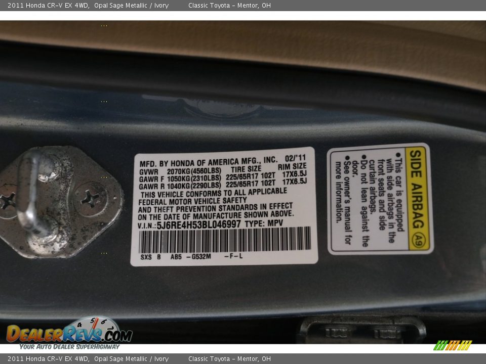 2011 Honda CR-V EX 4WD Opal Sage Metallic / Ivory Photo #20