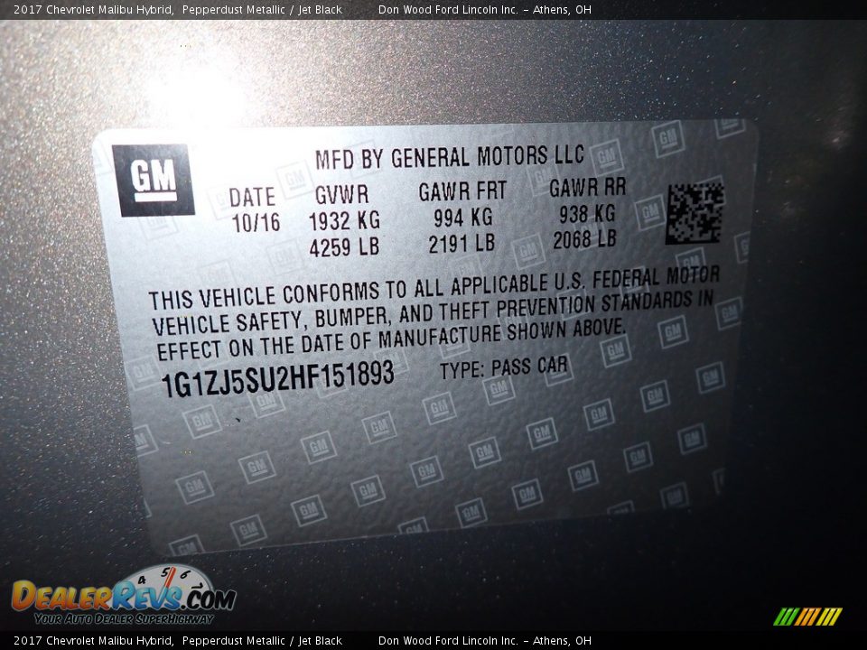 2017 Chevrolet Malibu Hybrid Pepperdust Metallic / Jet Black Photo #32