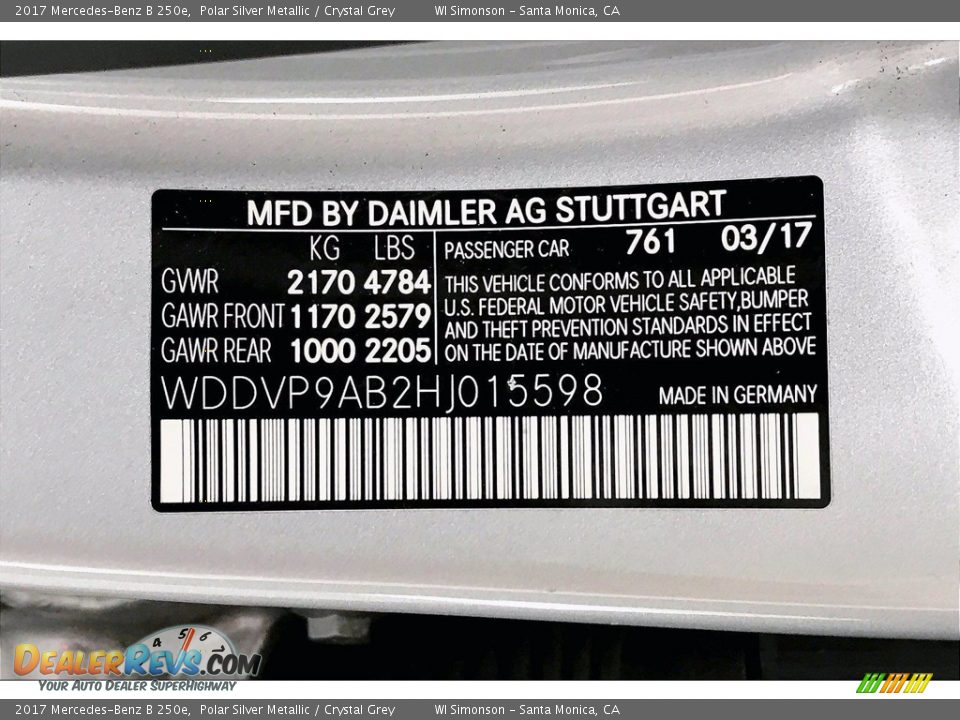 2017 Mercedes-Benz B 250e Polar Silver Metallic / Crystal Grey Photo #24