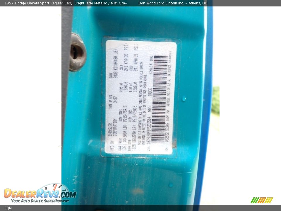 Dodge Color Code PQM Bright Jade Metallic