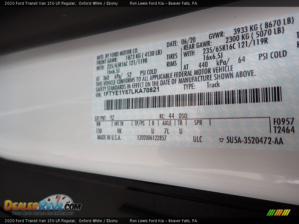 2020 Ford Transit Van 150 LR Regular Oxford White / Ebony Photo #14