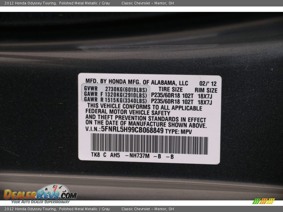 2012 Honda Odyssey Touring Polished Metal Metallic / Gray Photo #24
