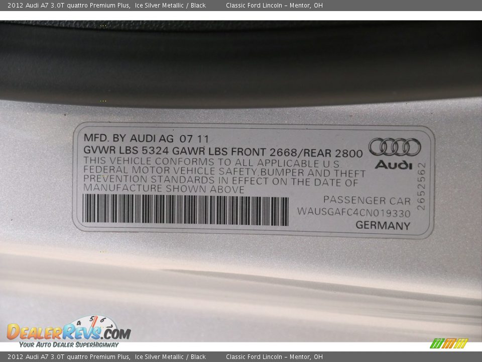 2012 Audi A7 3.0T quattro Premium Plus Ice Silver Metallic / Black Photo #26
