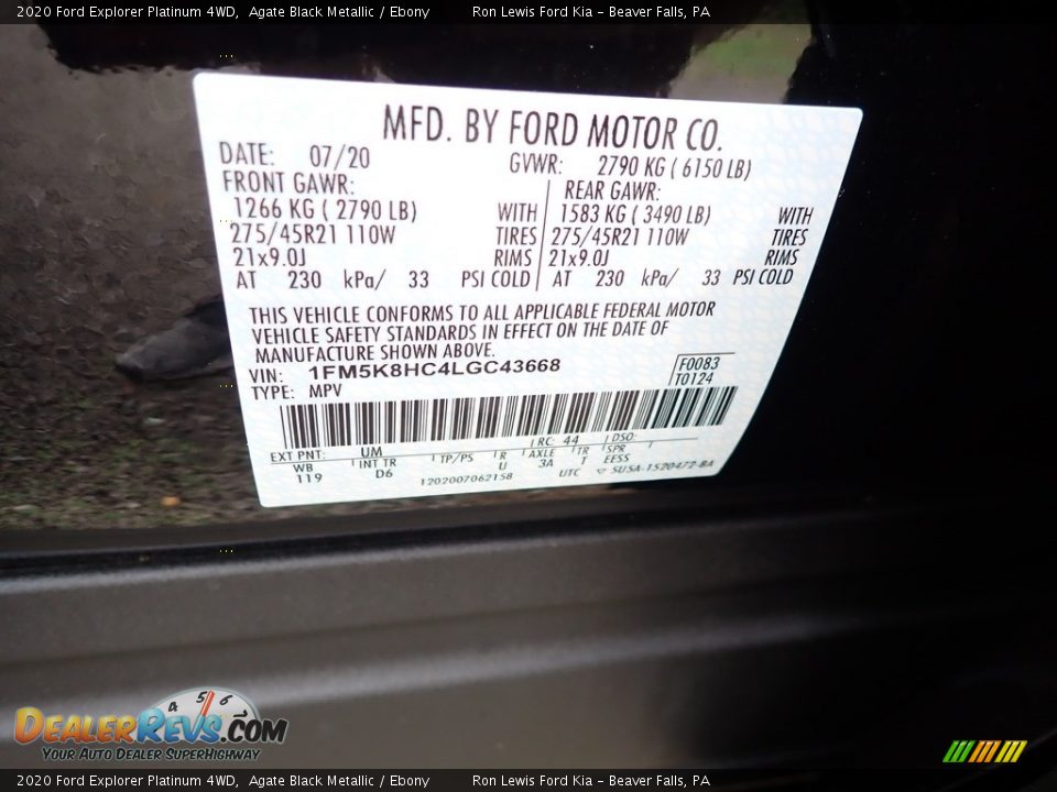 2020 Ford Explorer Platinum 4WD Agate Black Metallic / Ebony Photo #16