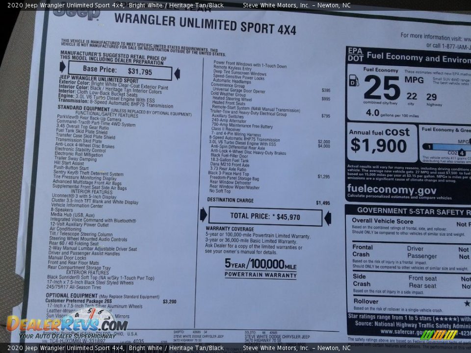 2020 Jeep Wrangler Unlimited Sport 4x4 Window Sticker Photo #27