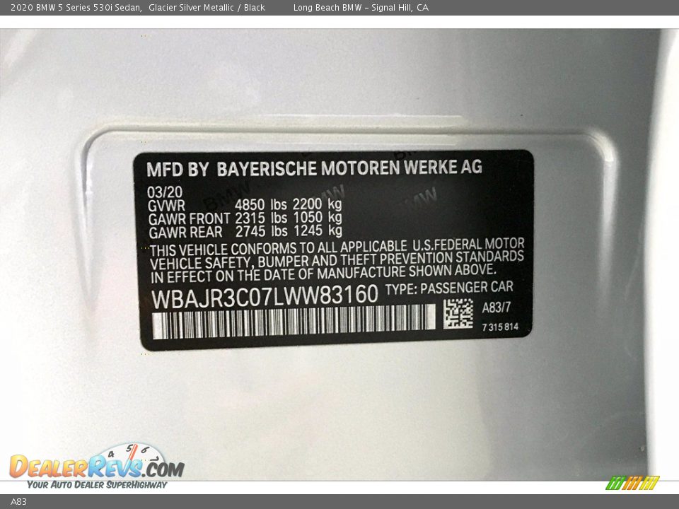 BMW Color Code A83 Glacier Silver Metallic