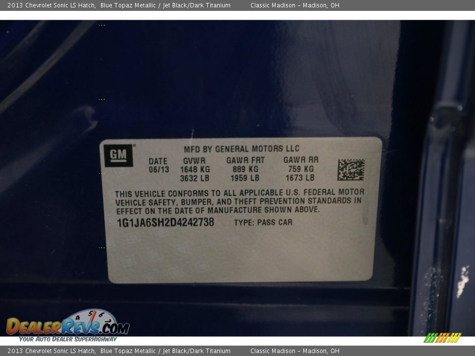2013 Chevrolet Sonic LS Hatch Blue Topaz Metallic / Jet Black/Dark Titanium Photo #16