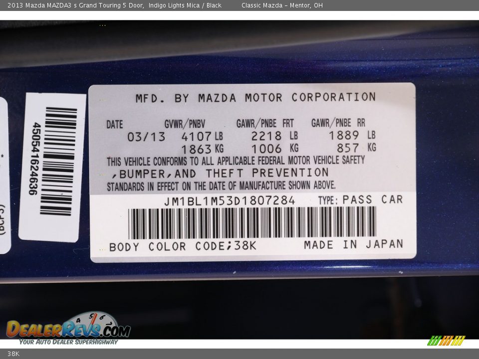 Mazda Color Code 38K Indigo Lights Mica