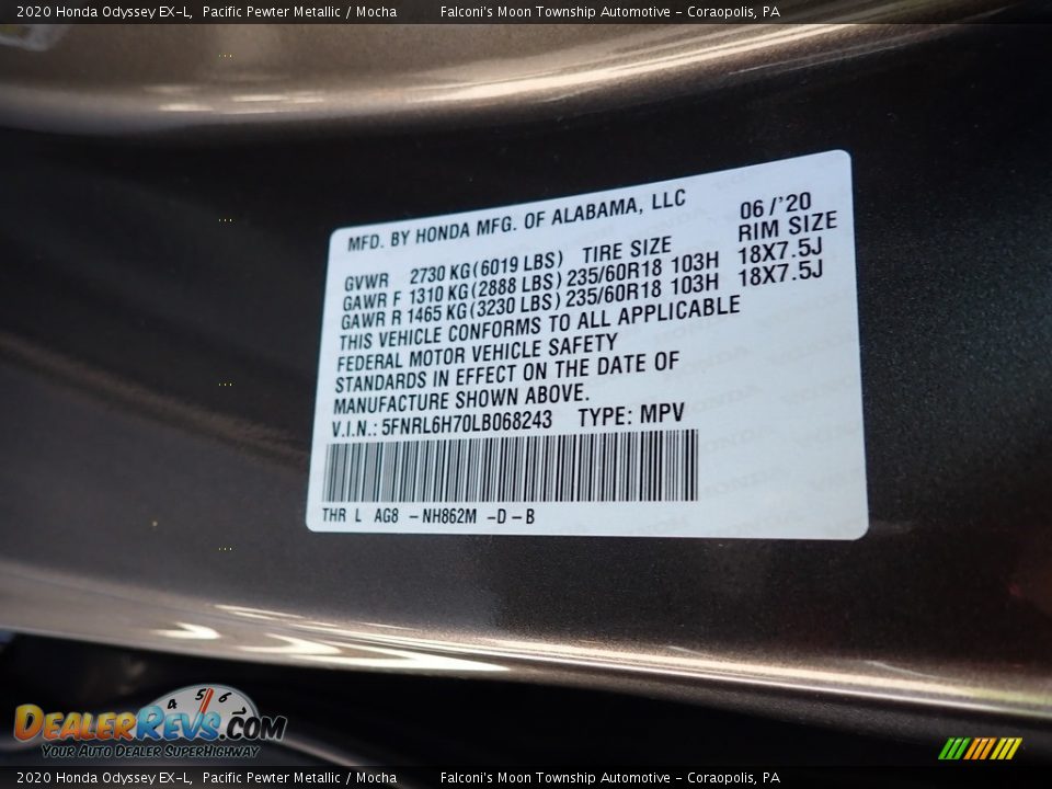 2020 Honda Odyssey EX-L Pacific Pewter Metallic / Mocha Photo #10