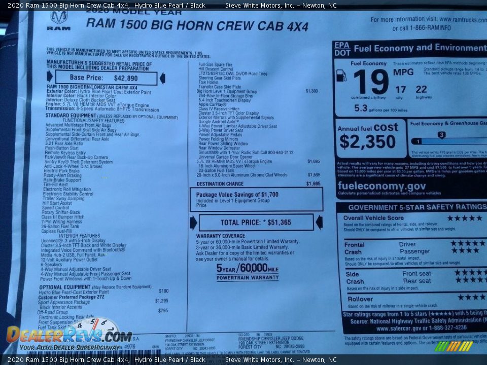 2020 Ram 1500 Big Horn Crew Cab 4x4 Window Sticker Photo #31