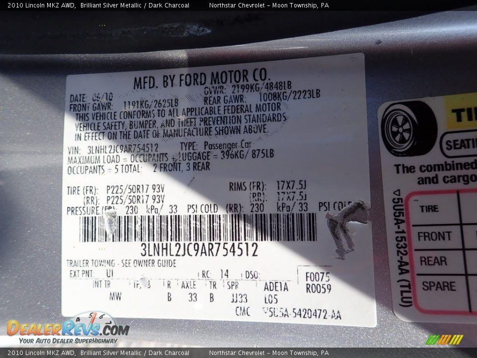 2010 Lincoln MKZ AWD Brilliant Silver Metallic / Dark Charcoal Photo #29