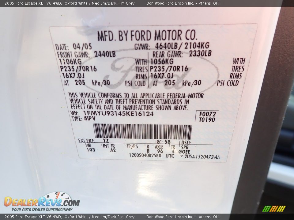 2005 Ford Escape XLT V6 4WD Oxford White / Medium/Dark Flint Grey Photo #30