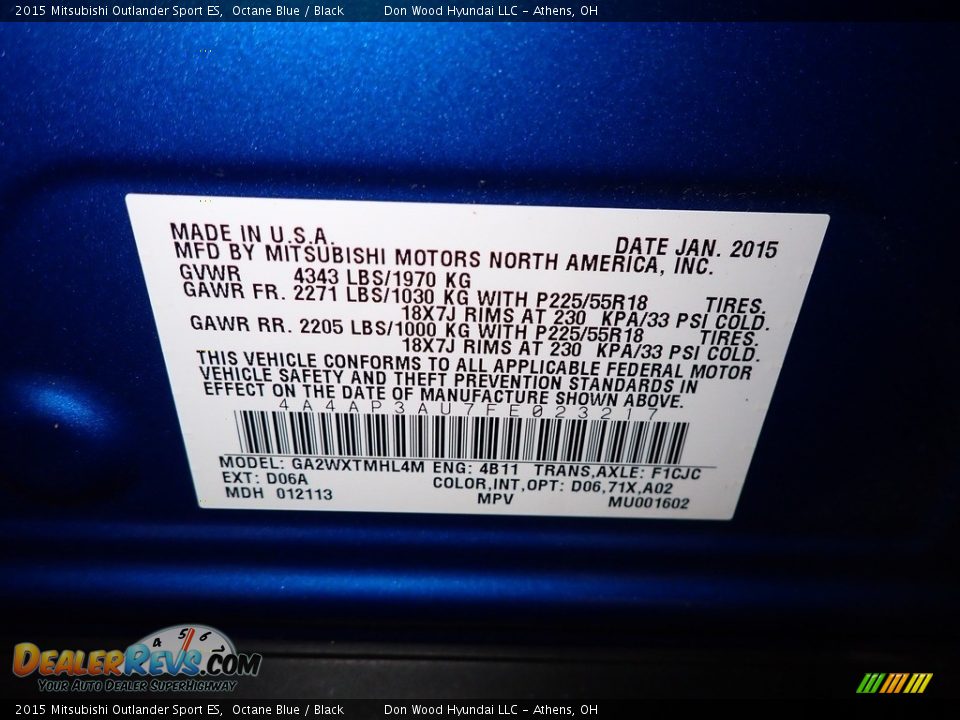 2015 Mitsubishi Outlander Sport ES Octane Blue / Black Photo #33