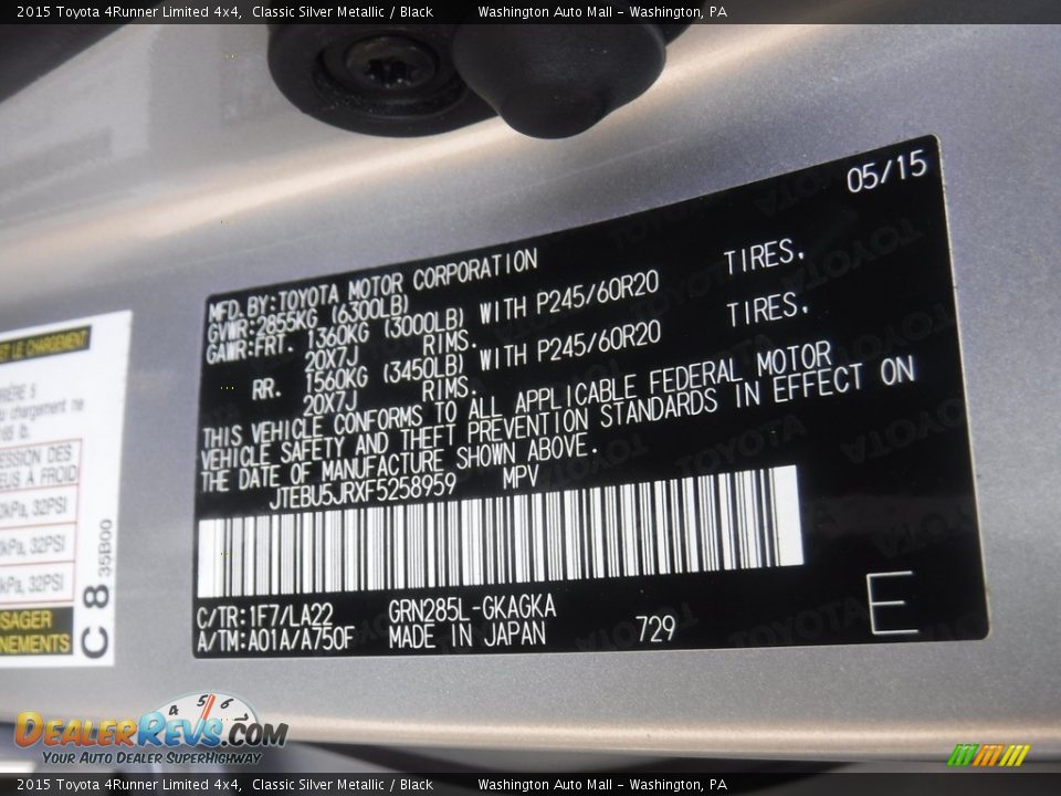 2015 Toyota 4Runner Limited 4x4 Classic Silver Metallic / Black Photo #30