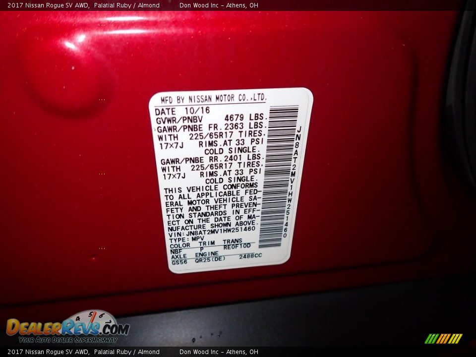 2017 Nissan Rogue SV AWD Palatial Ruby / Almond Photo #33