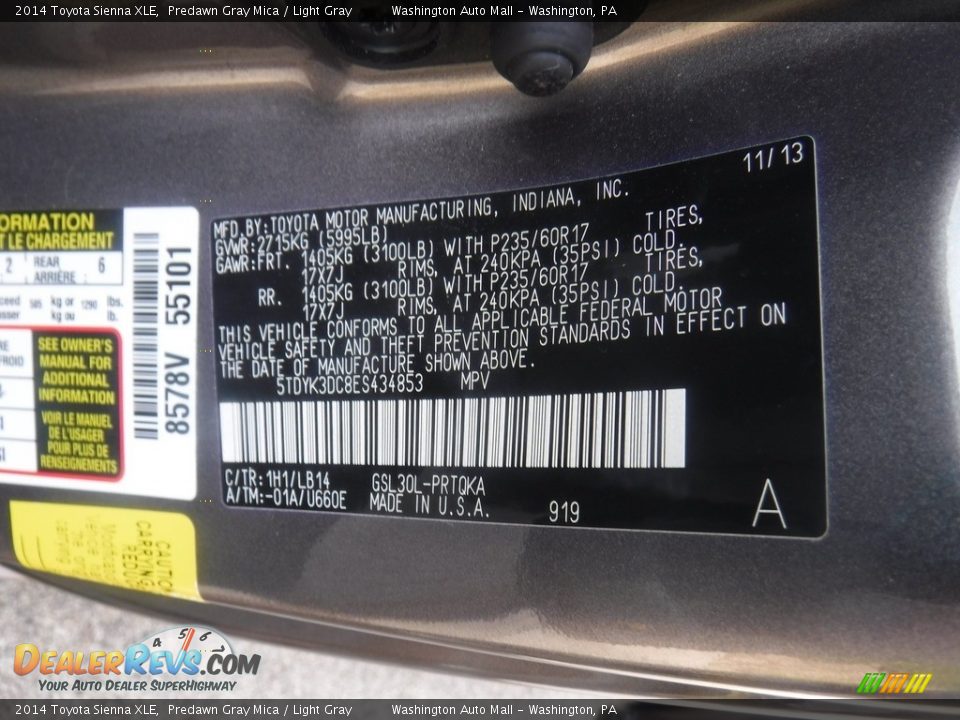 2014 Toyota Sienna XLE Predawn Gray Mica / Light Gray Photo #29
