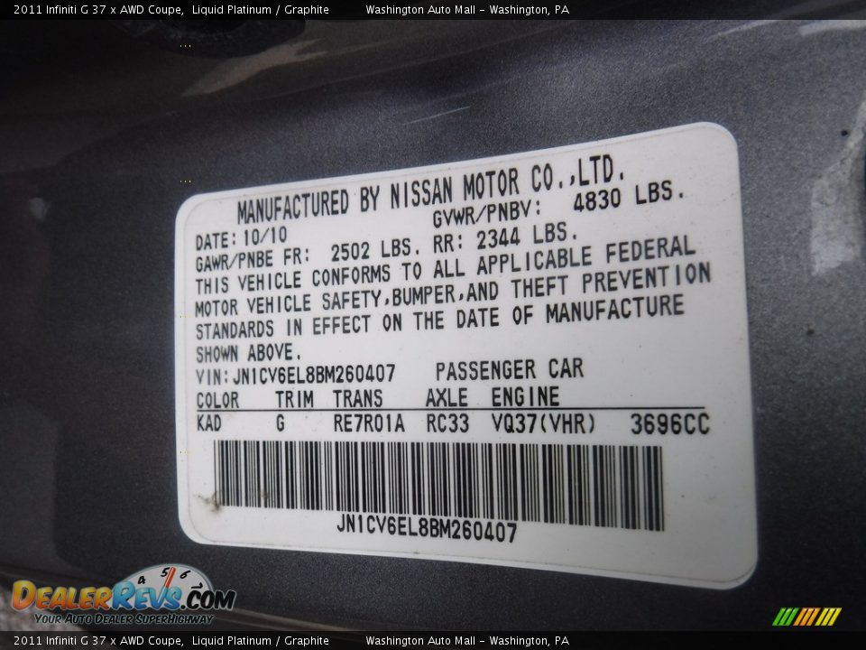 2011 Infiniti G 37 x AWD Coupe Liquid Platinum / Graphite Photo #26