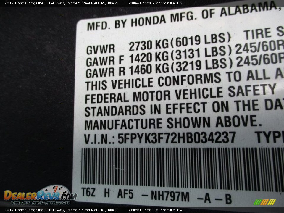 2017 Honda Ridgeline RTL-E AWD Modern Steel Metallic / Black Photo #19