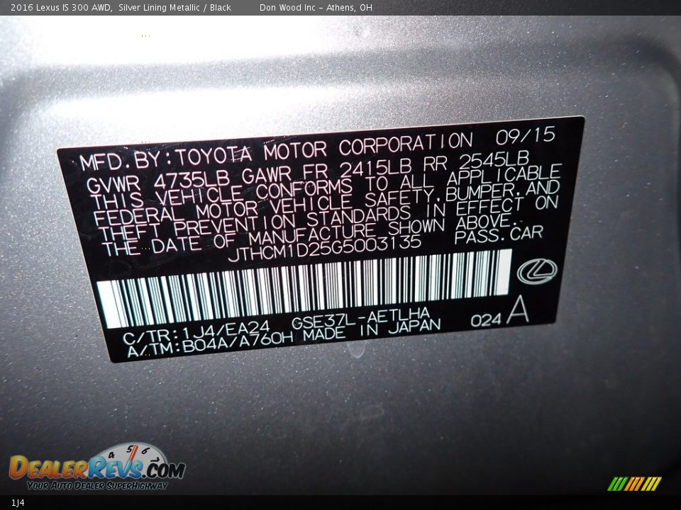 Lexus Color Code 1J4 Silver Lining Metallic