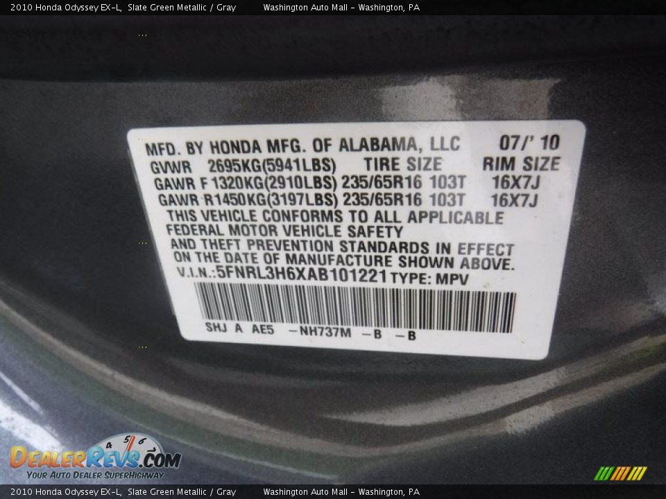 2010 Honda Odyssey EX-L Slate Green Metallic / Gray Photo #29