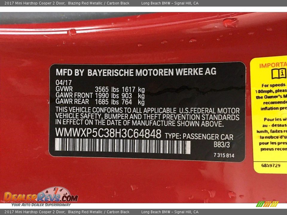 2017 Mini Hardtop Cooper 2 Door Blazing Red Metallic / Carbon Black Photo #35