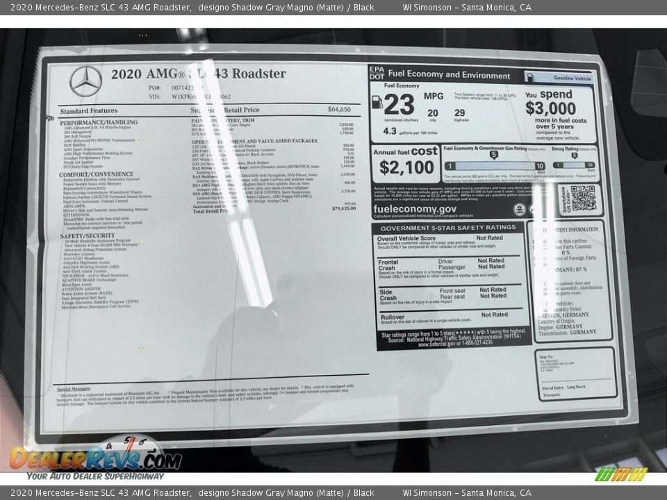 2020 Mercedes-Benz SLC 43 AMG Roadster Window Sticker Photo #10