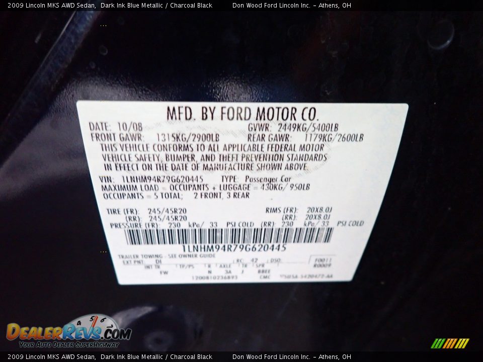 2009 Lincoln MKS AWD Sedan Dark Ink Blue Metallic / Charcoal Black Photo #30