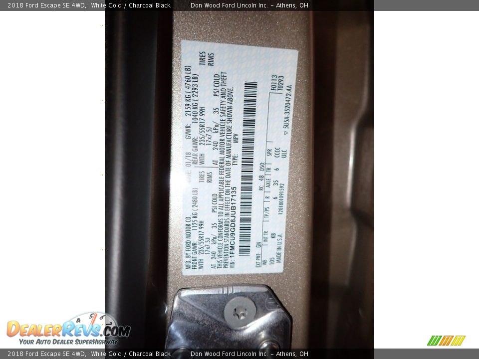2018 Ford Escape SE 4WD White Gold / Charcoal Black Photo #33