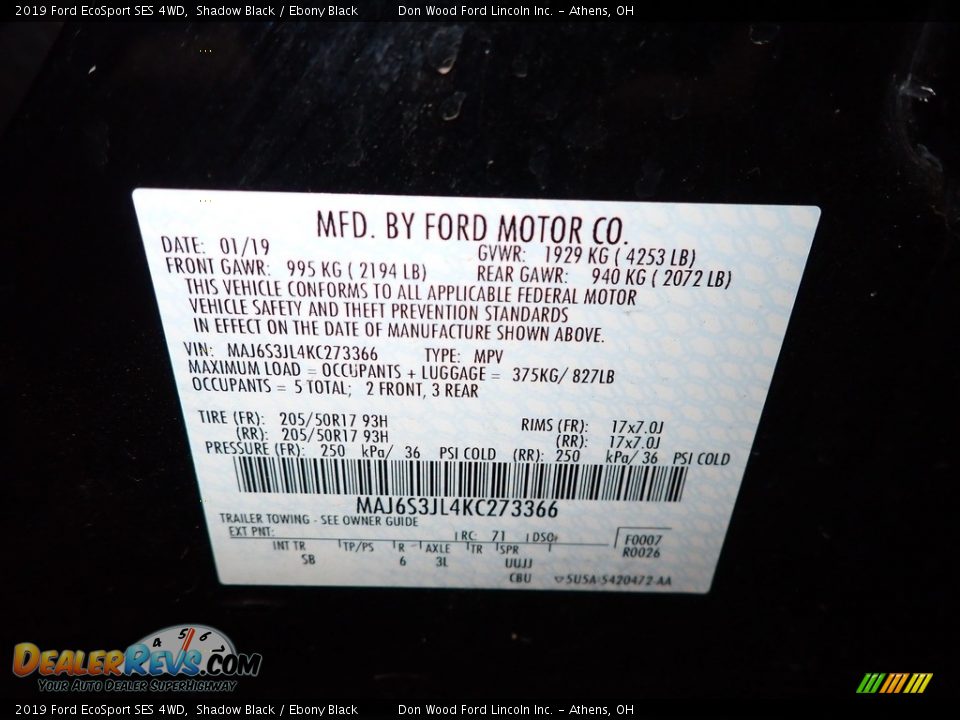 2019 Ford EcoSport SES 4WD Shadow Black / Ebony Black Photo #32