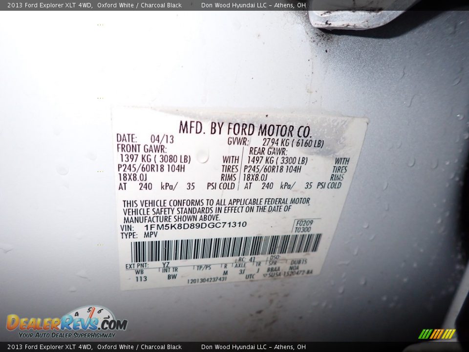 2013 Ford Explorer XLT 4WD Oxford White / Charcoal Black Photo #32