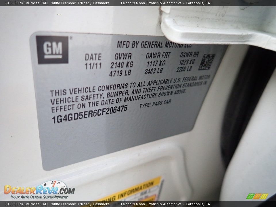 2012 Buick LaCrosse FWD White Diamond Tricoat / Cashmere Photo #24