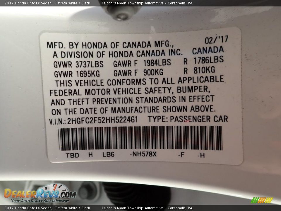 2017 Honda Civic LX Sedan Taffeta White / Black Photo #23