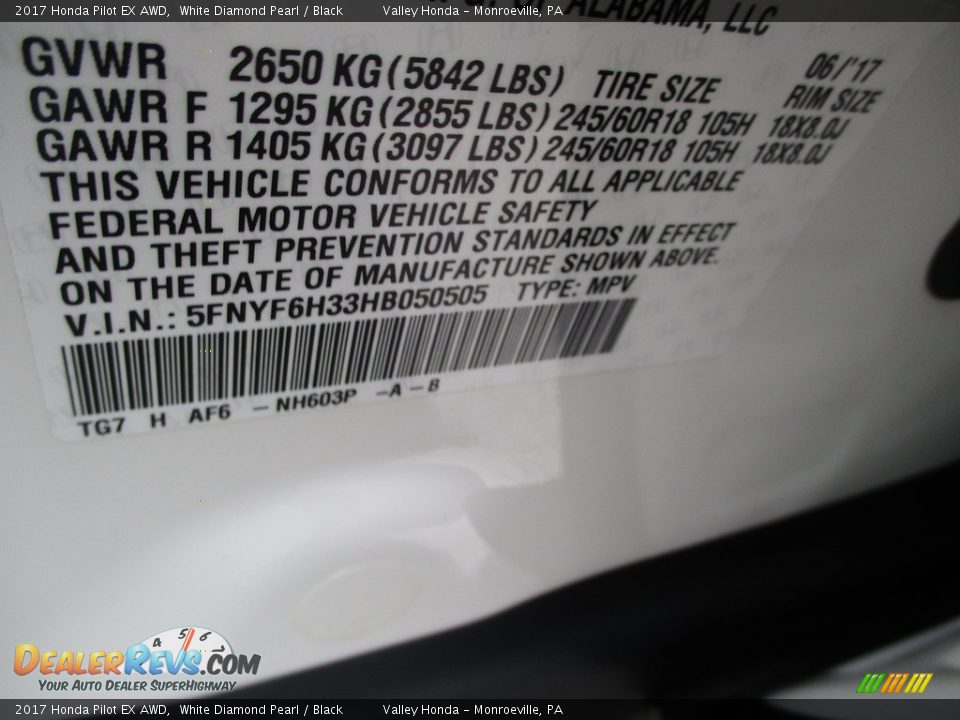 2017 Honda Pilot EX AWD White Diamond Pearl / Black Photo #19