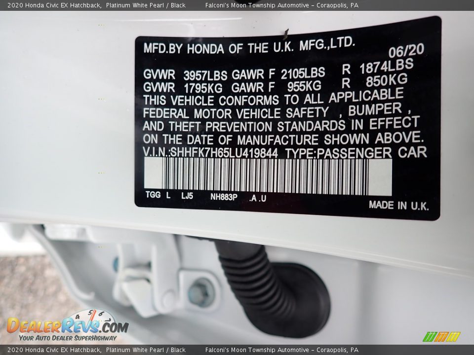 2020 Honda Civic EX Hatchback Platinum White Pearl / Black Photo #12