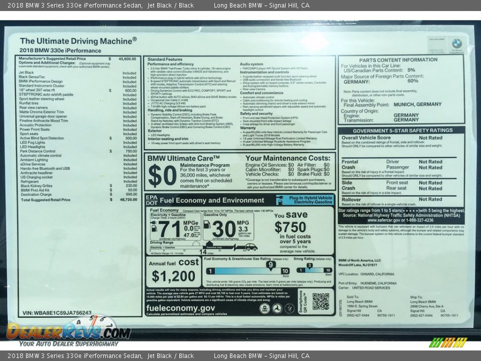 2018 BMW 3 Series 330e iPerformance Sedan Jet Black / Black Photo #10