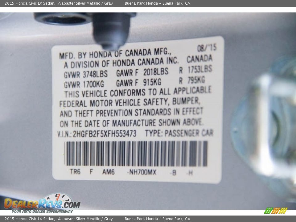 2015 Honda Civic LX Sedan Alabaster Silver Metallic / Gray Photo #31