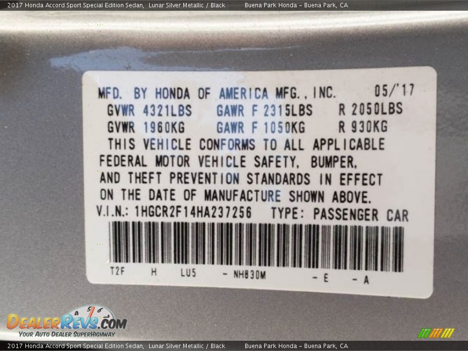 2017 Honda Accord Sport Special Edition Sedan Lunar Silver Metallic / Black Photo #34