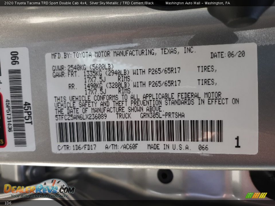 Toyota Color Code 1D6 Silver Sky Metallic