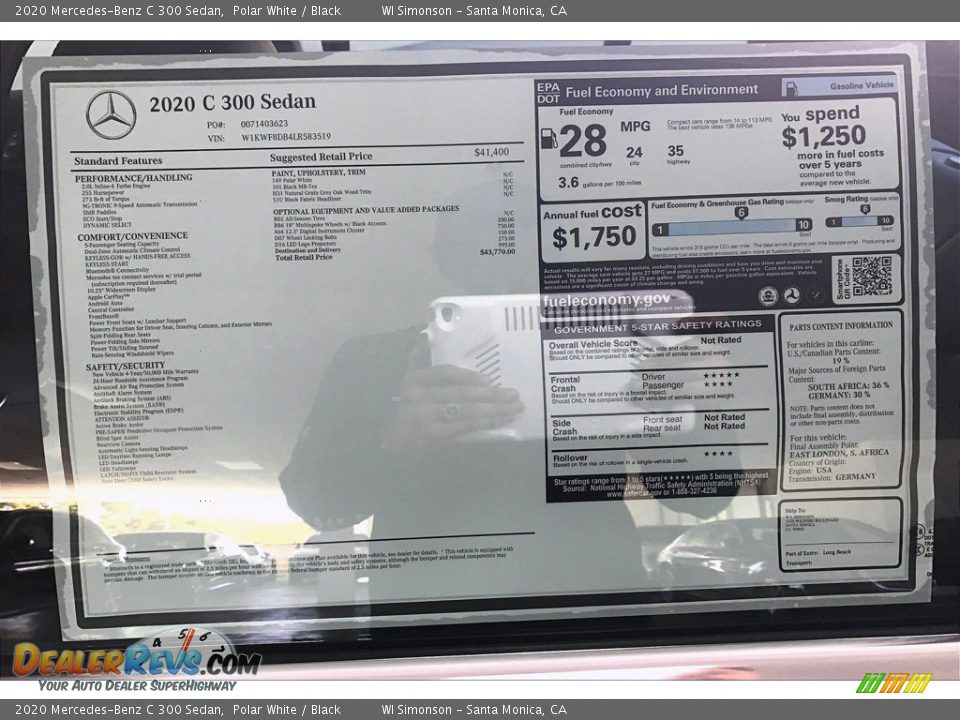 2020 Mercedes-Benz C 300 Sedan Polar White / Black Photo #11