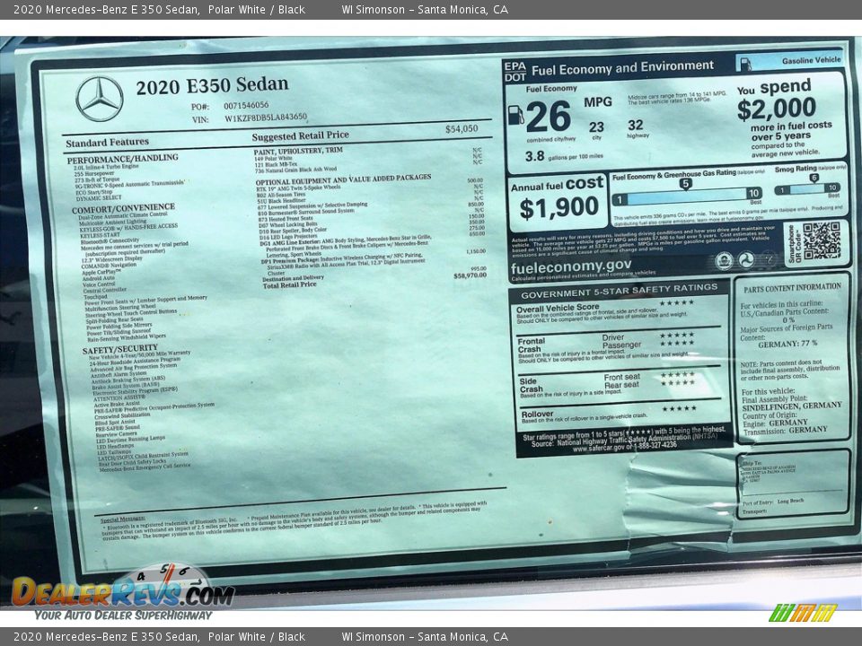 2020 Mercedes-Benz E 350 Sedan Polar White / Black Photo #10