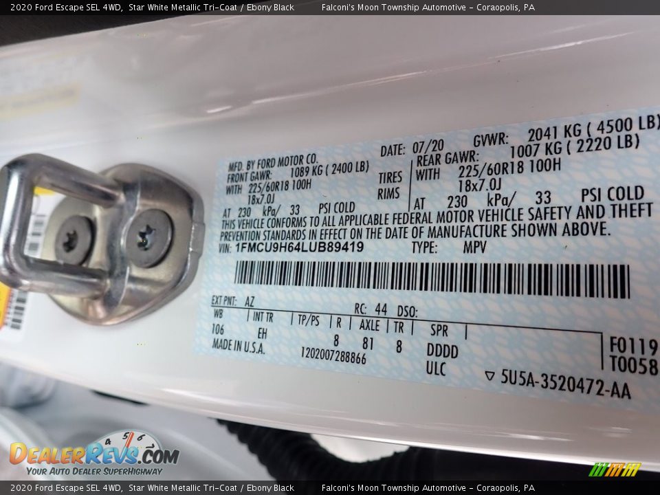 2020 Ford Escape SEL 4WD Star White Metallic Tri-Coat / Ebony Black Photo #12