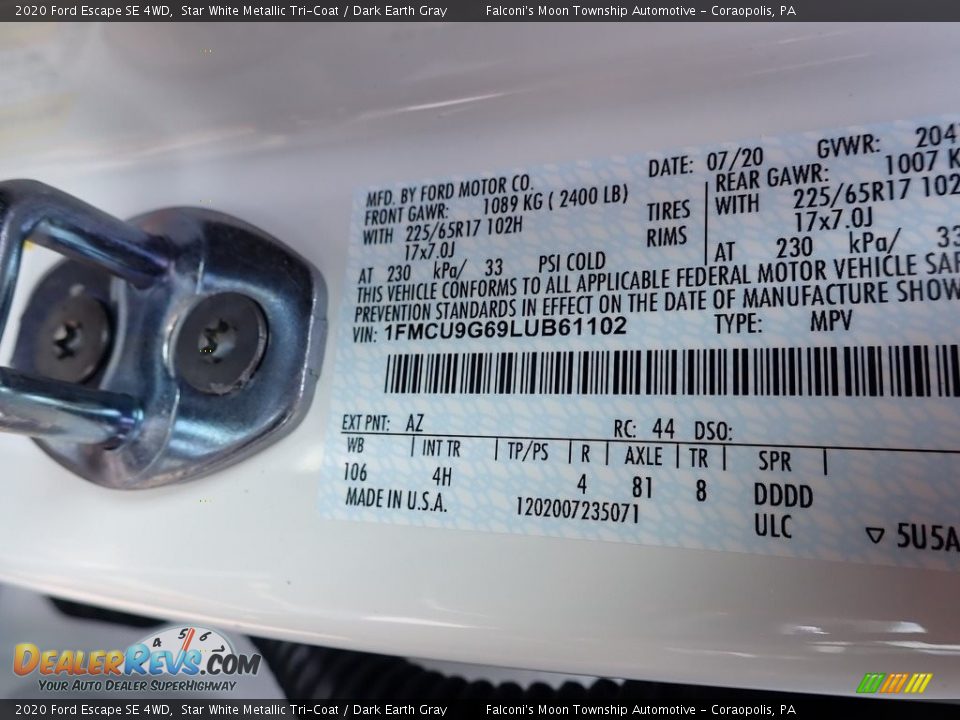 2020 Ford Escape SE 4WD Star White Metallic Tri-Coat / Dark Earth Gray Photo #12